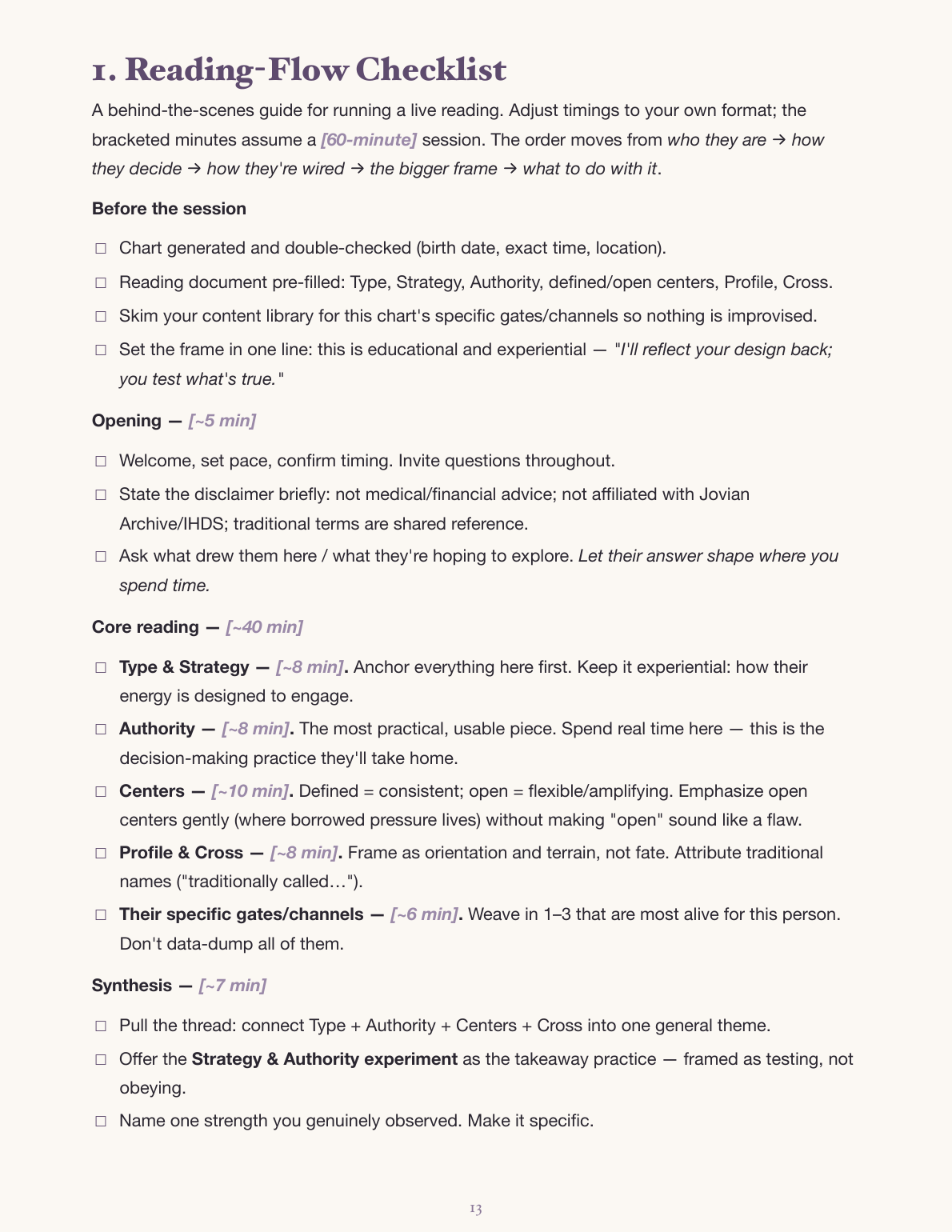 The reading-flow checklist with suggested timings